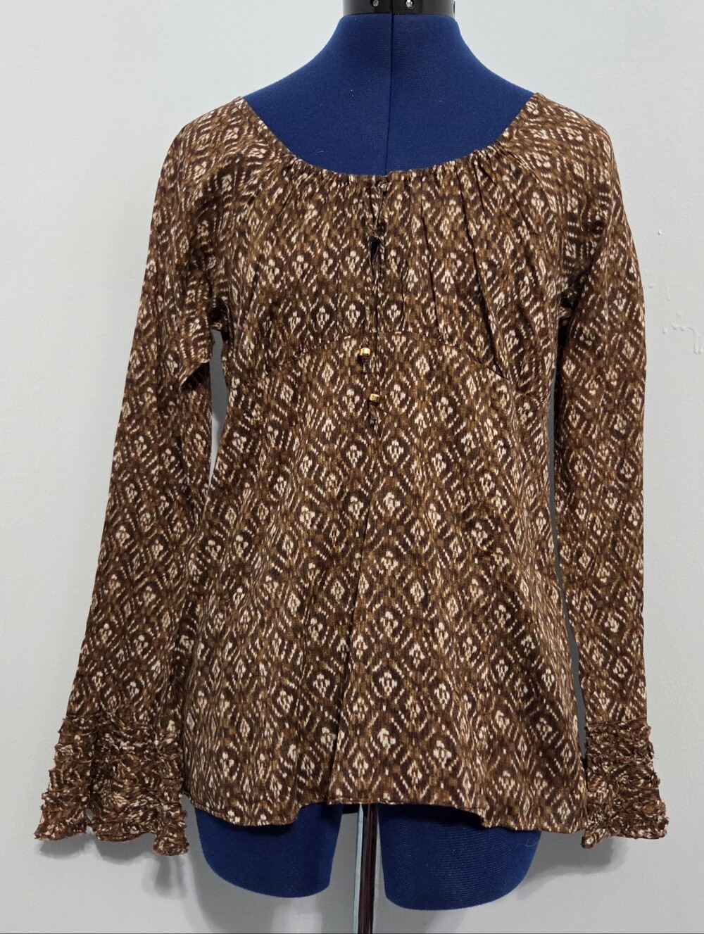 Brown Aztec Cotton Babydoll Blouse Size 10